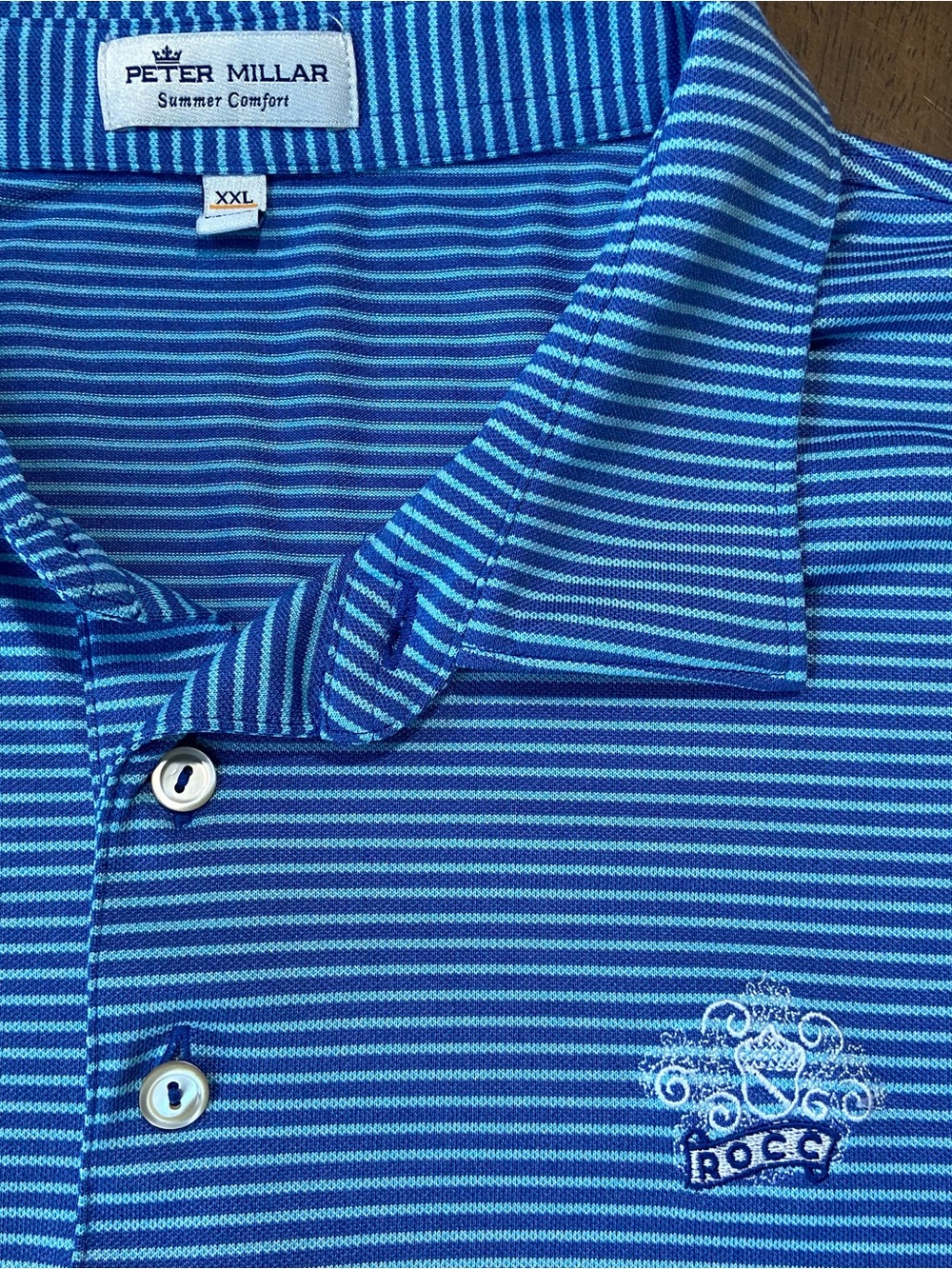 Peter Millar Summer Comfort Polo Shirt Mens XXL Blue Striped Golf ROCC Logo
